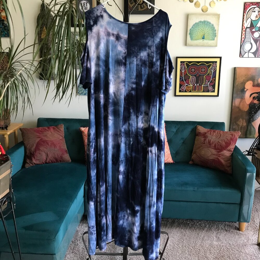 CATHERINES size 3X Navy Blue Tie Dye Stretch Jersey Cold Shoulder Maxi Dress - Picture 5 of 6